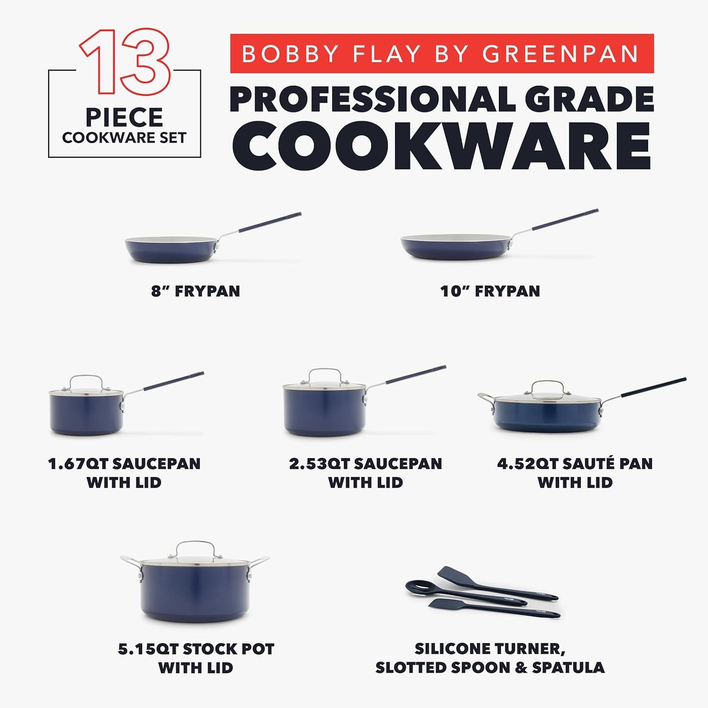 GreenPan x Bobby Flay 13 Piece Nonstick Cookware Pots and Pans Set, PFAS-Free Diamond Ceramic, Induction Suitable, Easy Clean Dishwasher & Oven Safe, Stay-Cool Silicone Handles, Glass Lids, Navy Blue