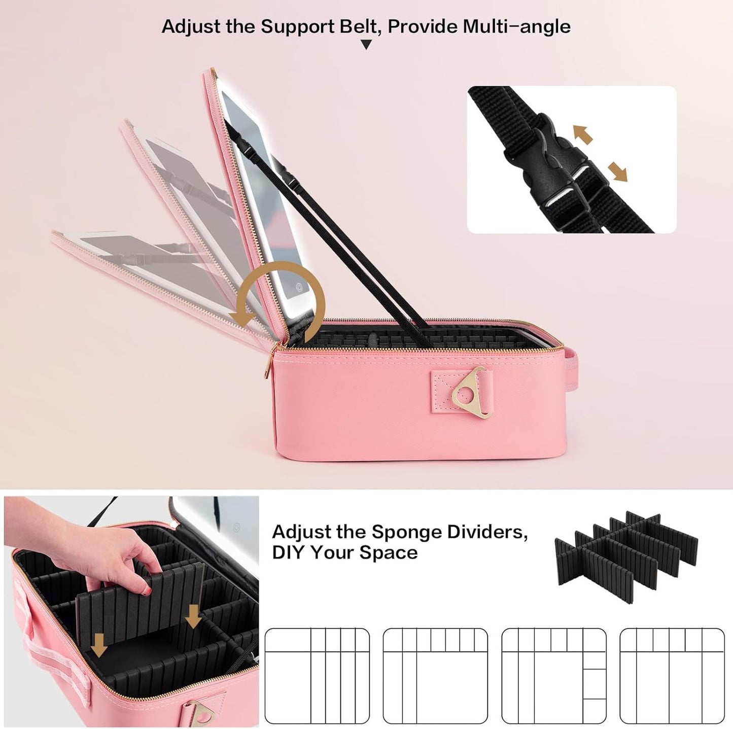 15"×11" Large Pink Makeup Bag with Mirror, Personal Item Travel Bag with Makeup Mirror 3 Lights, Waterproof Train Case with Mirror and Adjustable Dividers,Professional Lighted Makeup Case