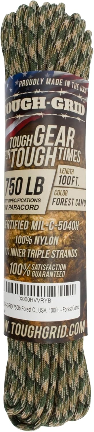 TOUGH-GRID 750 Paracord Rope Nylon Parachute Cord, Made in USA Survival Kit, Outdoor Adventures, Camping, Tactical Gear & Emergency Supplies, Military Type IV Mil-Spec