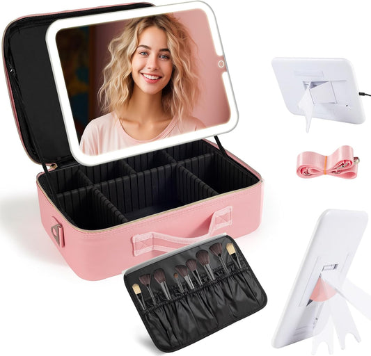 Large Travel Makeup Bag with LED Mirror, 3-Color Stepless Dimming Stand Mirror Detachable, with Adjustable Divider, Makeup Brush Holder Storage (Pink)