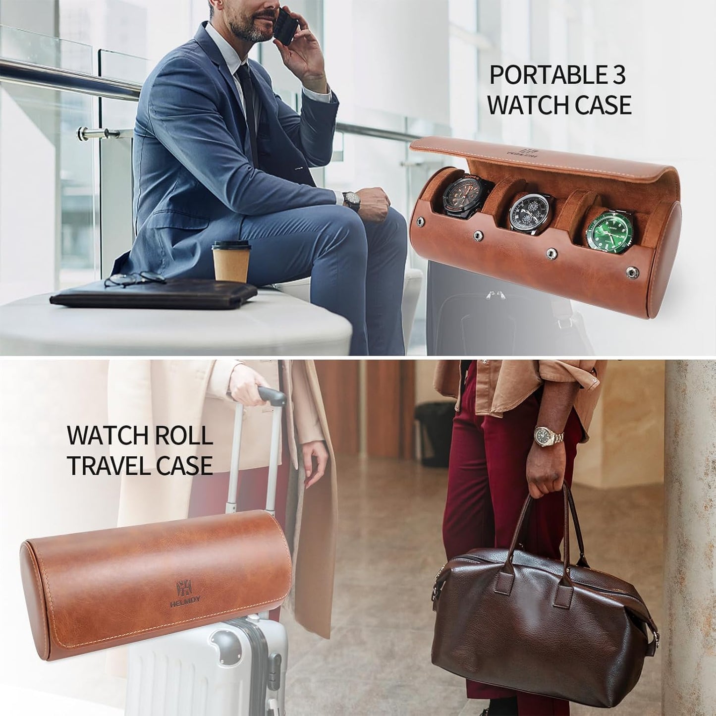 Watch Roll Travel Case for Men and Women: 3 Watch Travel Roll - Storage Box Organizer and Display Case for Wristwatches & Smart Watches up to 50mm (Brown)