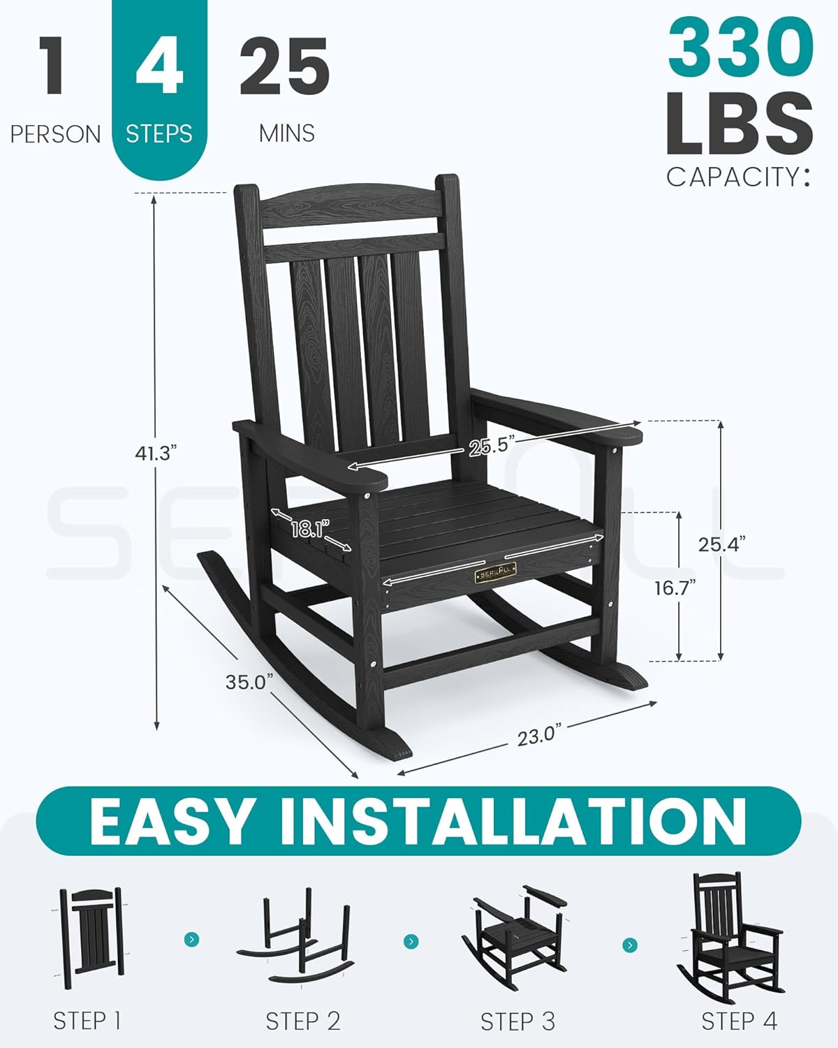 SERWALL Outdoor Rocking Chair, HDPE Patio Rocking Chair All-Weather Porch Rocker for Balcony, Yard, Black