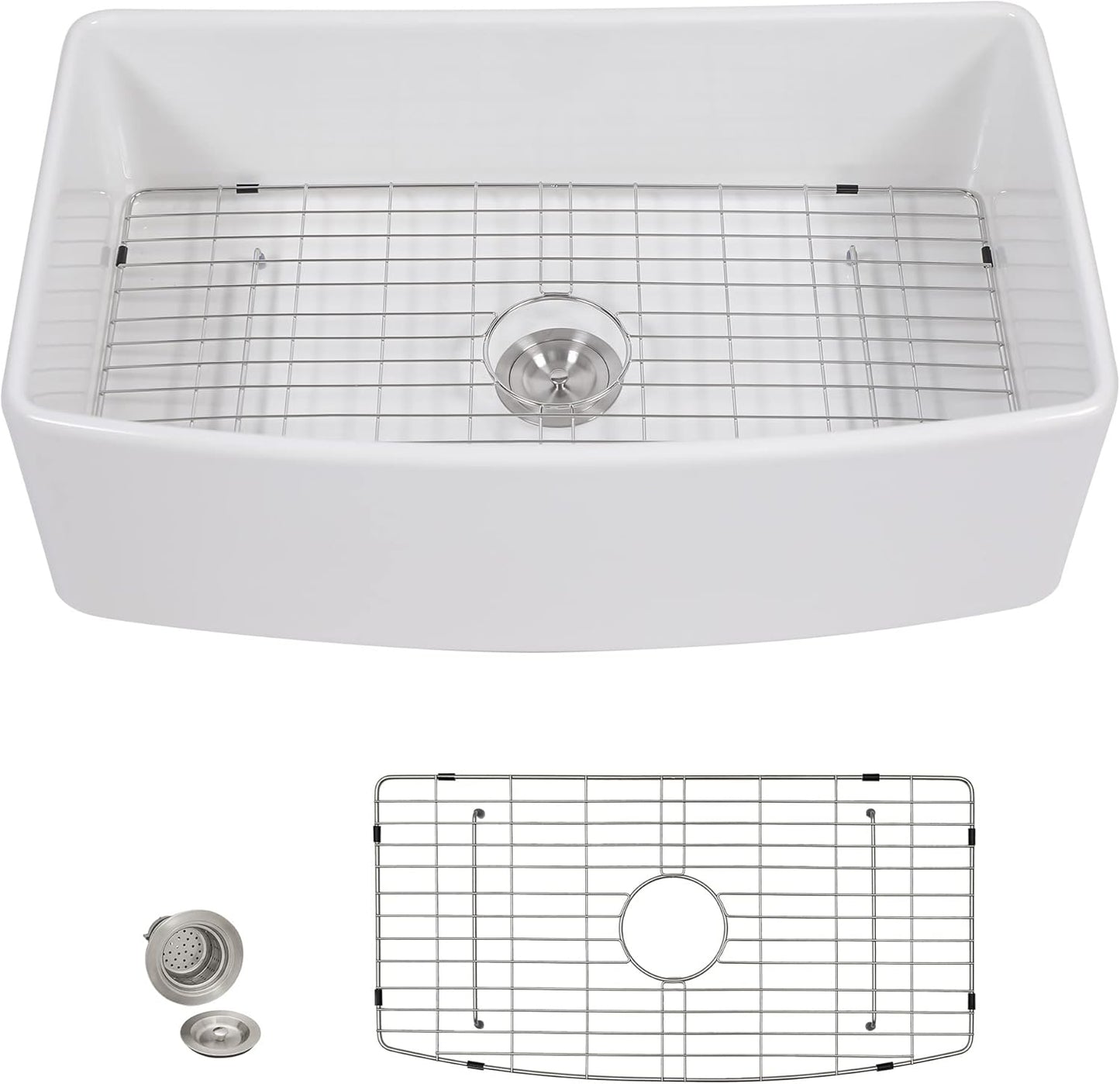 33 White Farm Sink - Fulorni 33"x20" Curved Apron Front Farmhouse Kitchen Sink Ceramic Porcelain Fireclay Single Bowl Farmer Style Basin