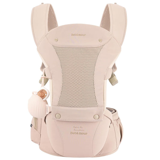 Bebamour Baby Carrier with Hip Seat,All-Position Breathable Mesh Hip Seat & Carrier 0-36Months with Head Hood, 3 PCS Teething Pads, Waist Extender,Storage Bag & Pacifier Case (Pink)