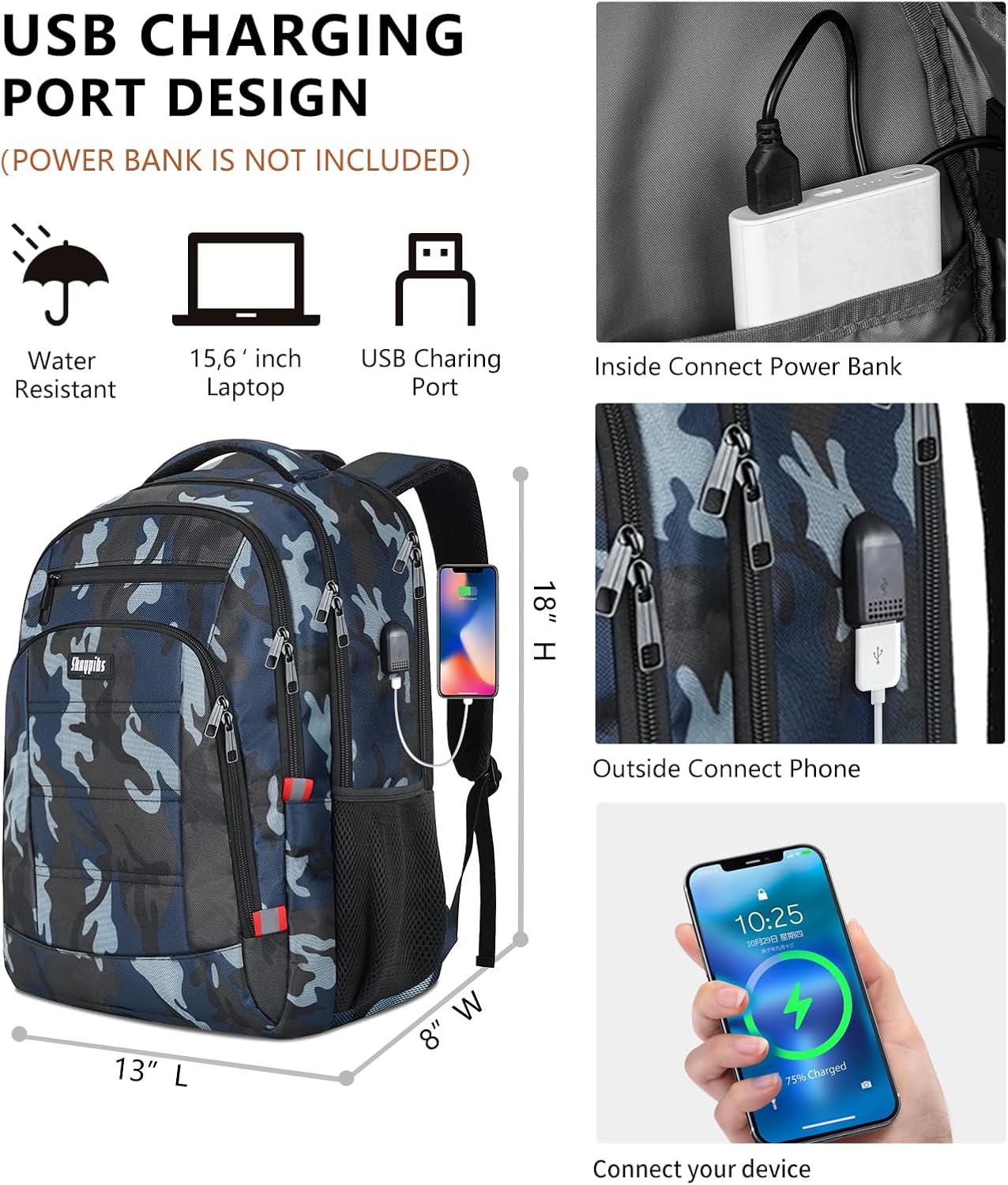 Laptop Backpack for Men,School Backpack with USB Charging Port,Water Resistant Backpack for teens boys,Business Work College bookbag,book bag Fits 15.6 Inch,Blue Back Pack