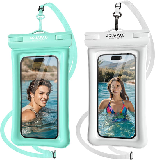 NEPHI IP68 Waterproof Phone Pouch 2 Pack-Up to 8.0"，Adjustable Neck Lanyard Floating Waterproof Phone Case for iPhone,Phone Dry Bags for Vacation Beach Pool Travel Essentials (Aqua Green White 2 pack)