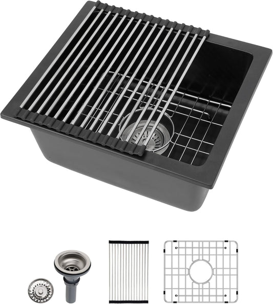 Dcolora 15 Inch Granite Composite Black Bar Sink Undermount Small Kitchen Sink Quartz Prep RV Single Bowl Under Counter Basin DC-GU7745