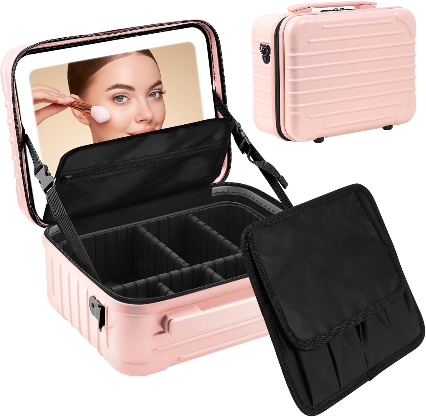 Kalolary Travel Makeup Train Cases,Makeup Bag with 3 Color Lighted Mirror Cosmetic Case Organizer Bag with Adjustable Dividers & Shoulder Strap 3 Layer Portable Makeup Storage Box for Women,Pink