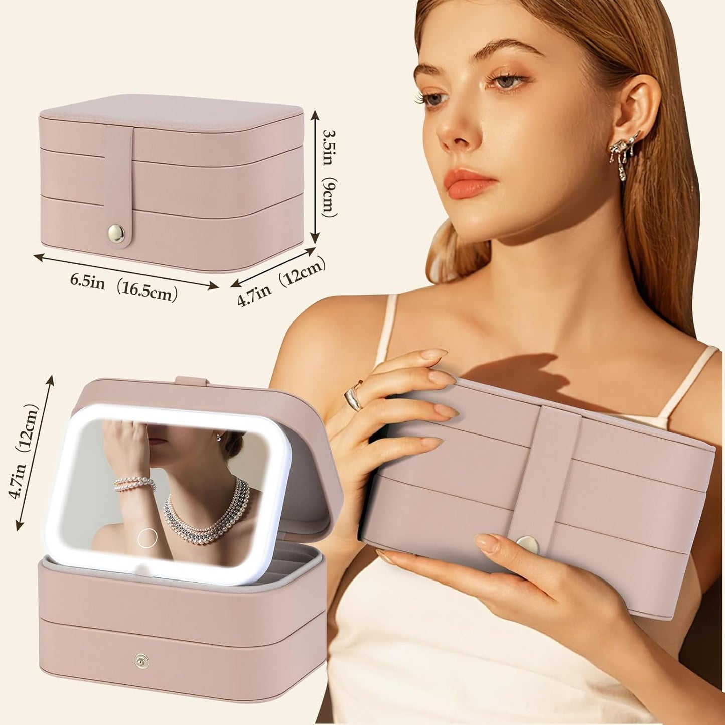 Travel Jewelry Case with LED Lighted Mirror, Personalized Birthday Gifts for Women Girls Kids, 2-Layer Portable Travel Jewelry Organizer, Travel Essentials (Autumn Apricot)