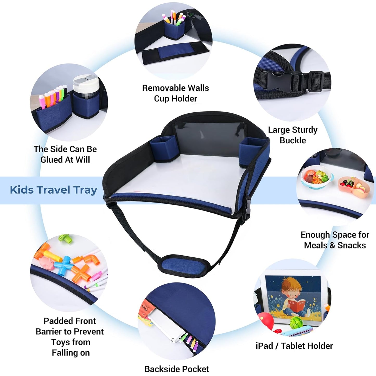 COOLBEBE Kids Travel Tray for Toddler Car Seat, Travel Tray for Airplane, Toddler Car Seat Lap Tray, Carseat Table Tray for Kids Travel Activities (Navy Blue)