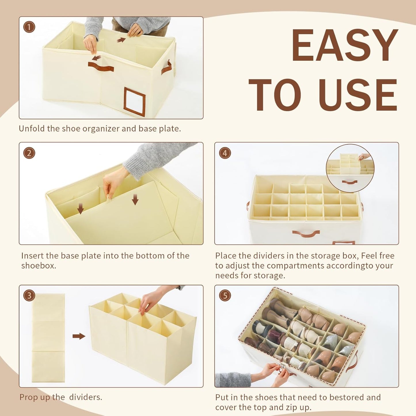 Shoe Organizer for Closet Fit 24 Pairs, Large Foldable Shoe Storage Containers Box Bin w/Adjustable Dividers and Clear Cover, Space Saving Shoe Storage Organizer Box, Beige