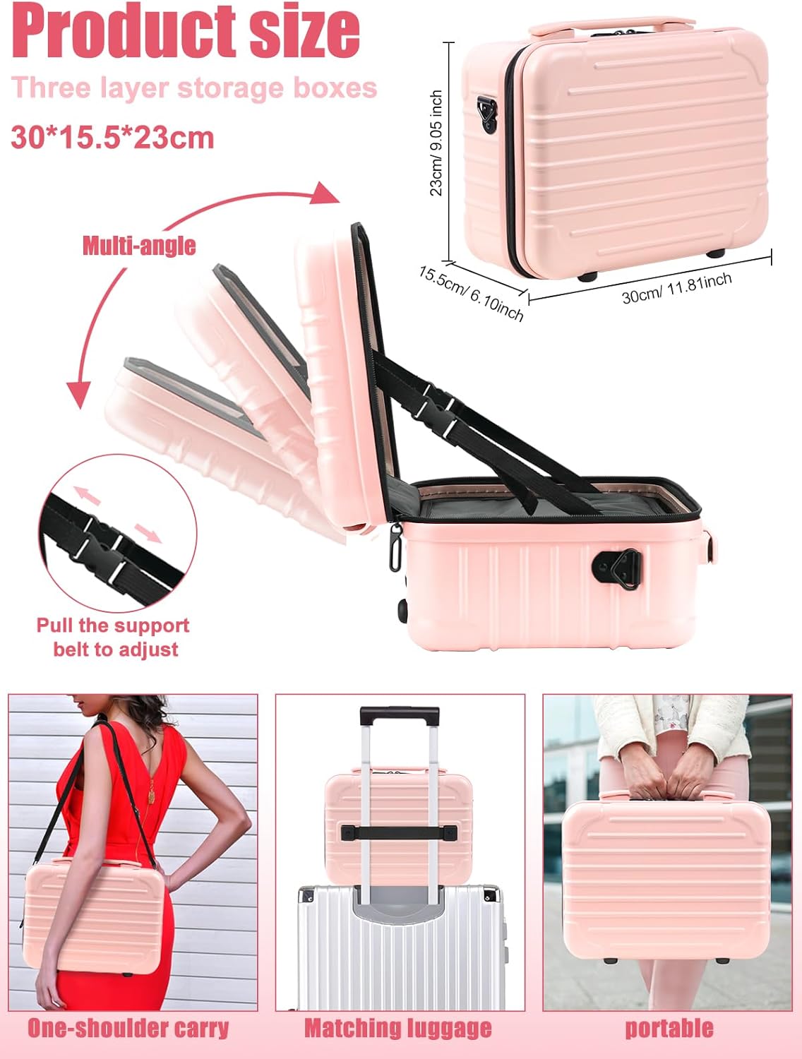 Kalolary Travel Makeup Train Cases,Makeup Bag with 3 Color Lighted Mirror Cosmetic Case Organizer Bag with Adjustable Dividers & Shoulder Strap 3 Layer Portable Makeup Storage Box for Women,Pink