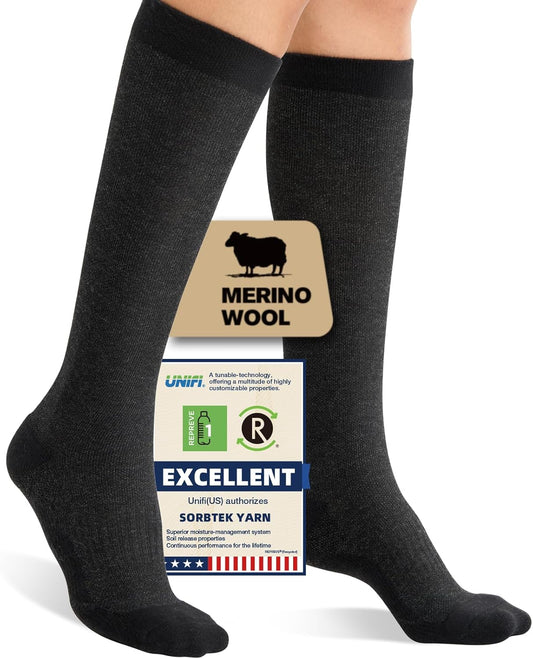 Merino Wool Compression Socks for Women Men, 15-20 mmHg Knee High Socks for Flying, Travel, Running