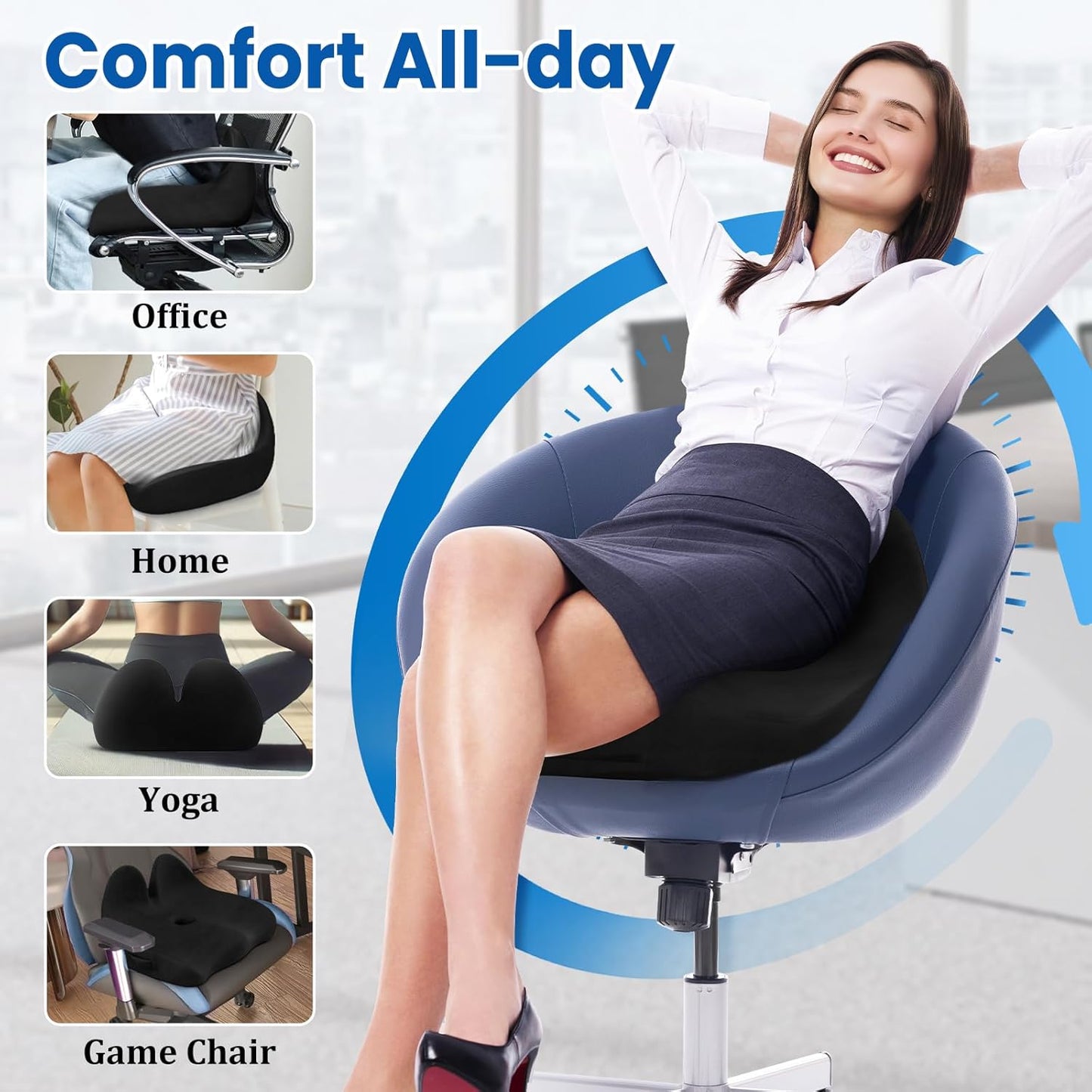 Seat Cushion, Memory Foam Office Chair Seat Cushion for Office Chairs/Car/Long Trip/Desk Chair/Gaming, Extra Large Size for Sciatica & Hip & Tailbone Pain Relief, Sciatica Support (Black)