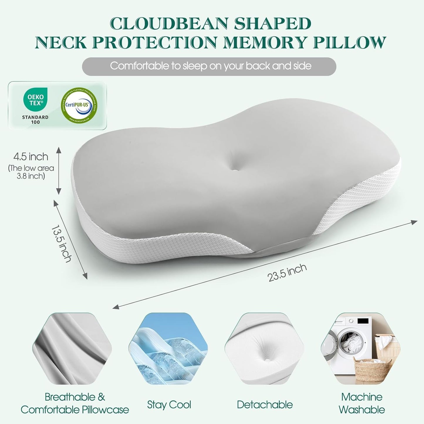 Cervical Pillow for Neck and Shoulder Support, Ergonomic Memory Foam Contour Pillows with Adjustable Dual Heights & Breathable Cover for Side Back Stomach Sleepers(Grey)