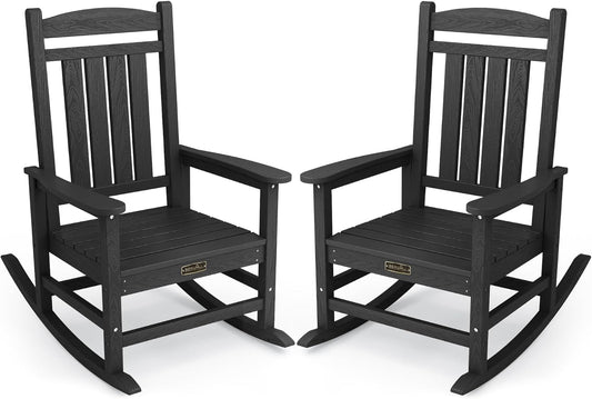 SERWALL Outdoor Rocking Chair Set of 2, HDPE Patio Rocking Chair All-Weather Porch Rocker for Balcony, Yard, Black