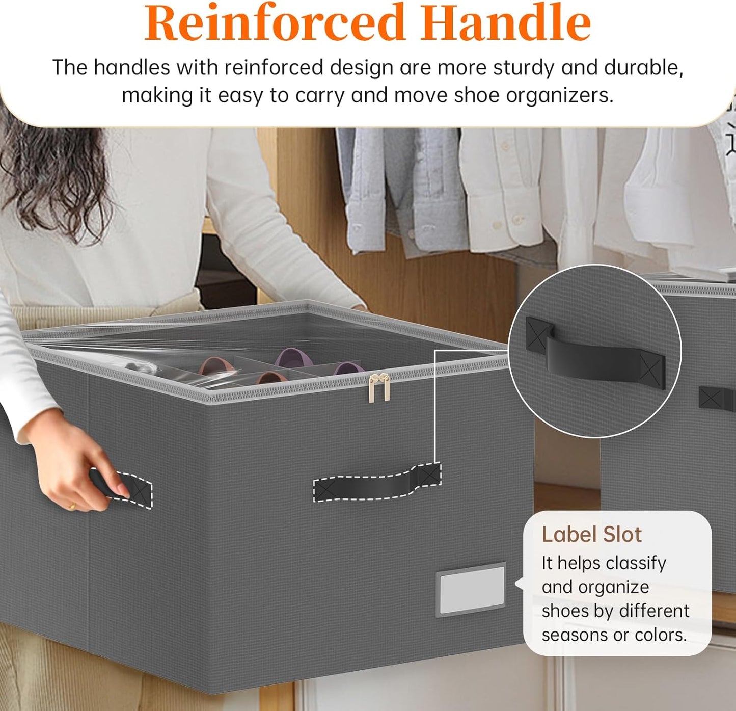 Shoe Organizer for Closet, Foldable Shoe Storage Containers, Fits up to 16 Pairs, Large Shoe Storage Organizer Box Cubby Baskets Bins with Clear Cover and Reinforced Handles, Gray