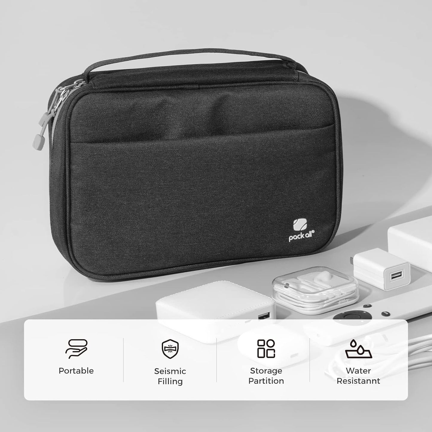 pack all Electronic Organizer Plus, Larger Capcity Cable Organizer Bag, Shockproof Carrying Case, Portable Cord Travel Organizer Storage Bag for Cables, Chargers, Phones, USB, SD Cards(Black)