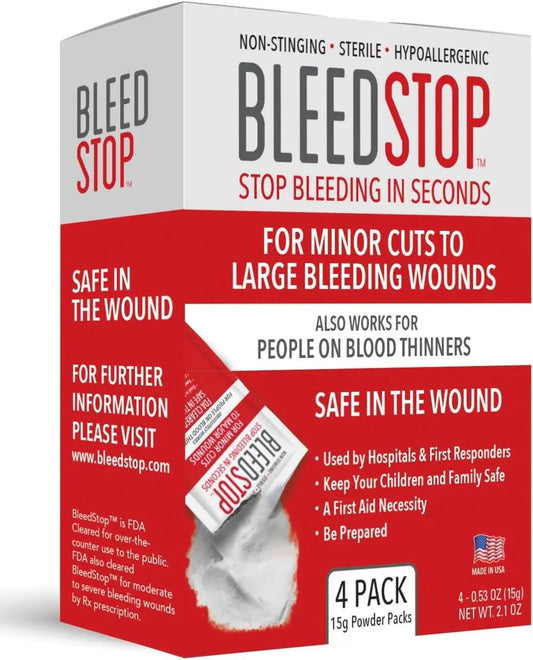 BleedStop™ First Aid Powder for Blood Clotting, Trauma Kit, Blood Thinner Patients, Camping Safety, and Survival Equipment for Moderate to Severe Bleeding Wounds or Nosebleeds - 4 (20g) Pouches