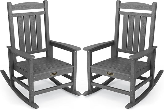 SERWALL Outdoor Rocking Chair Set of 2, HDPE Patio Rocking Chair All-Weather Porch Rocker for Balcony, Yard, Gray