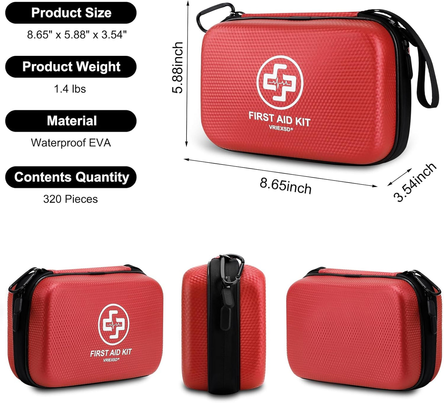 Premium First Aid Kit, 320 Piece Waterproof Hard Shell Eva First Aid Kit for Home, Camping, Cars, Hiking, Travel, Businesses & Outdoor Emergencies - Emergency Medical Kits (Red)