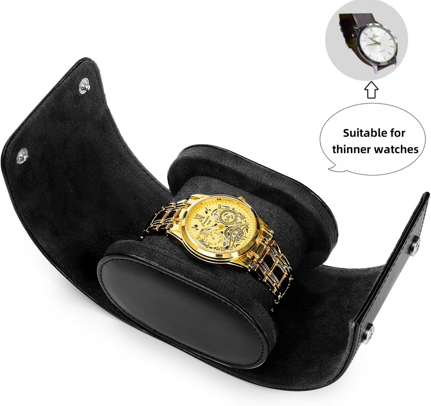 Leather Travel Watch Case, Single Watch Gift Box with Pillow, Portable Jewelry Watch Storage Roll Organizer Carrying Case for Display, Men, Women, Luxury Black
