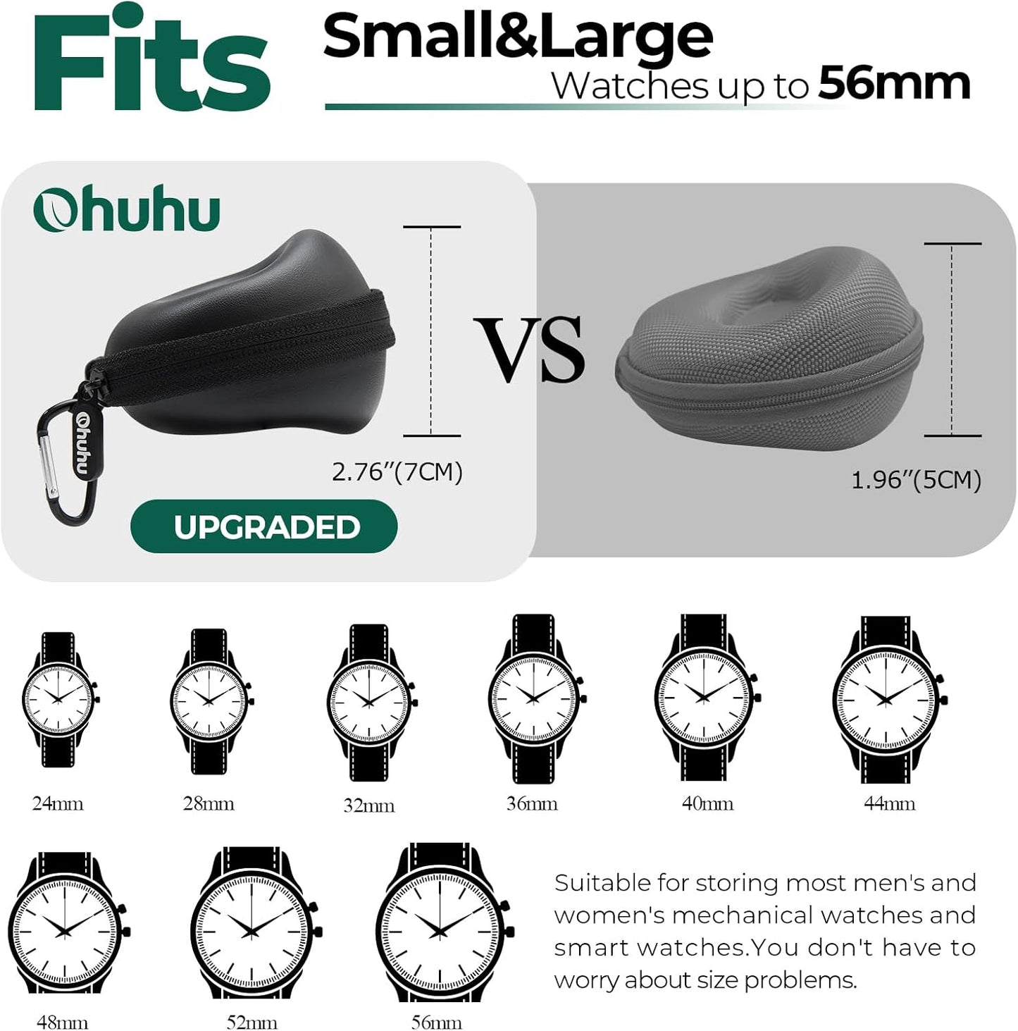 Ohuhu Watch Travel Case, 2Pack Watch Box for Men and Women Portable Single Watch Storage box and Organizer for Wristwatches and Smart Watches Heightened Version up to 56mm for Fathers Day