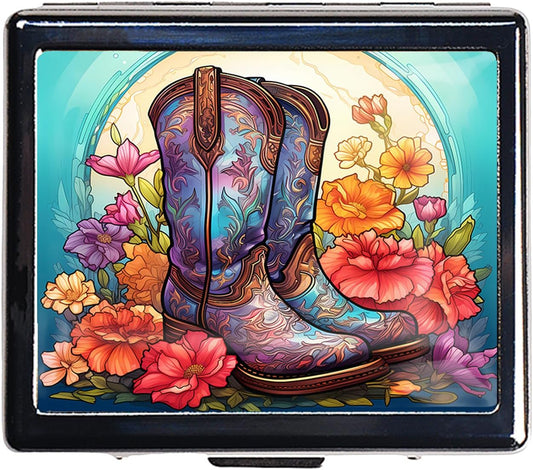 Silver Vintage Pill Box 7 Day Metal Pill Box with Mirror and 8 Compartments Cute Travel Pill Organizer for Purse (Western Boots)