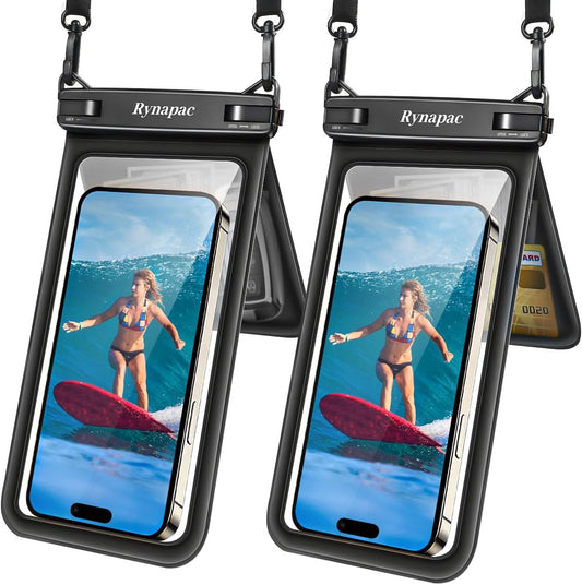 Double Space Waterproof Phone Pouch, 2 Pack Waterproof Phone Case with Lanyard for iPhone 15 Pro Max Galaxy S23 Pixel 7a up to 8.5’’, Cellphone Dry Bag for Beach Vacation (Black+Black)
