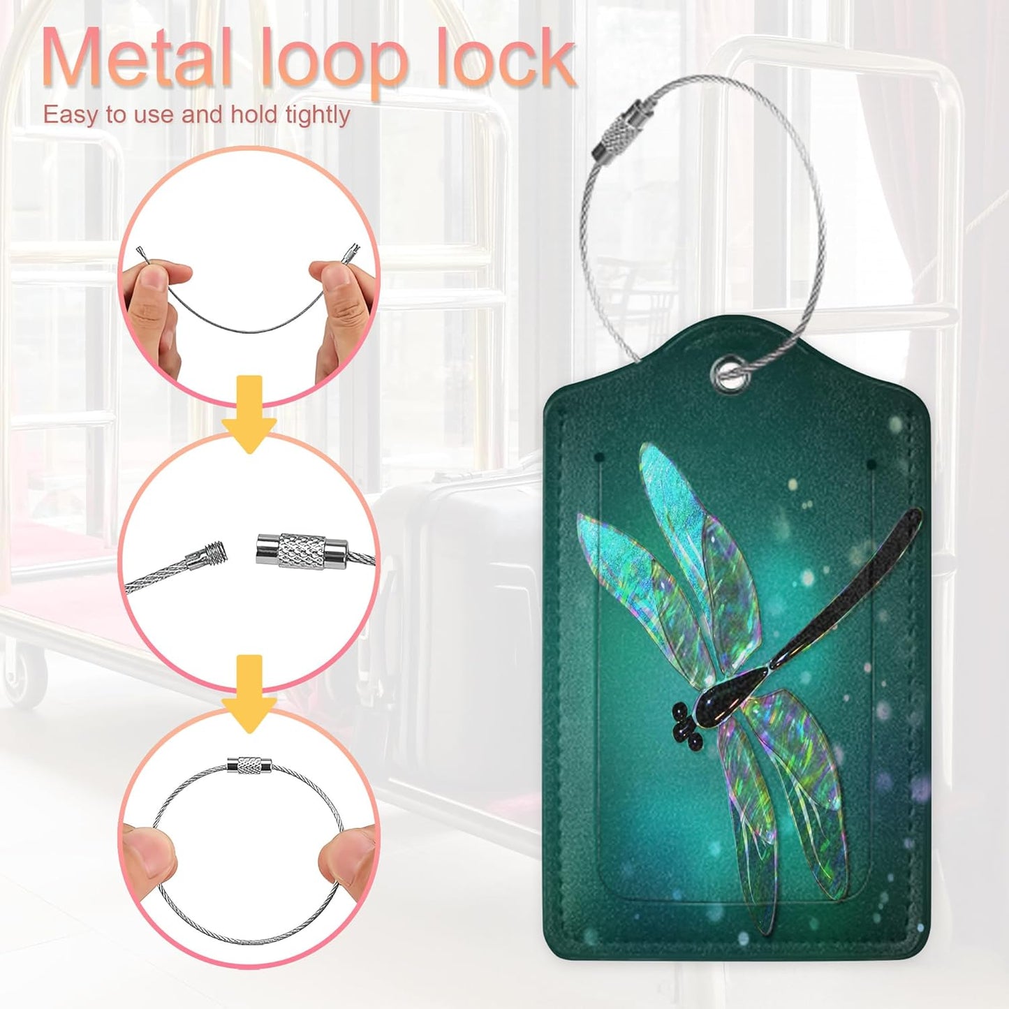 2 Pack Luggage Tag for Suitcase, Dragonfly Leather Suitcase Tags Identifiers with Privacy Name Address Labels & Durable Steel Loop for Women/Men Travel Fantasy Green Dragonfly