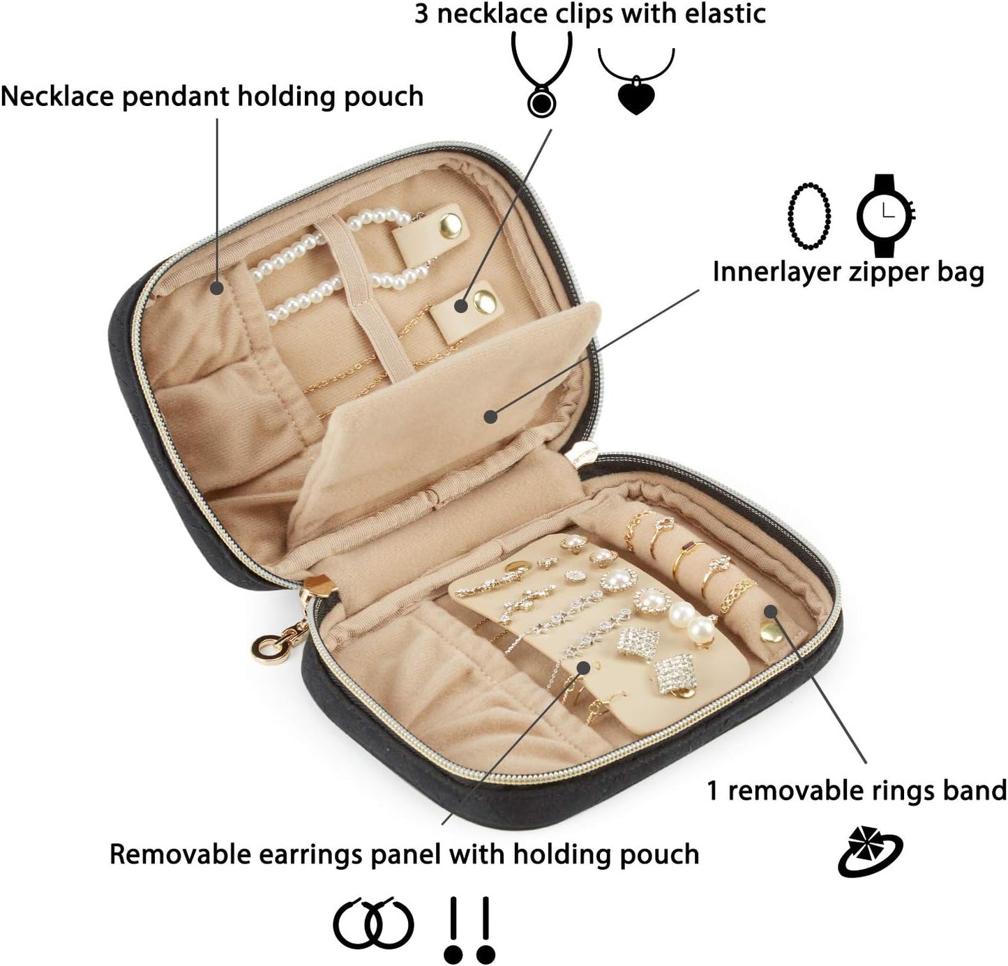 BAGSMART Travel Jewelry Organizer Case Small Jewelry Roll for Journey-Rings, Necklaces, Earrings, Bracelets, Black