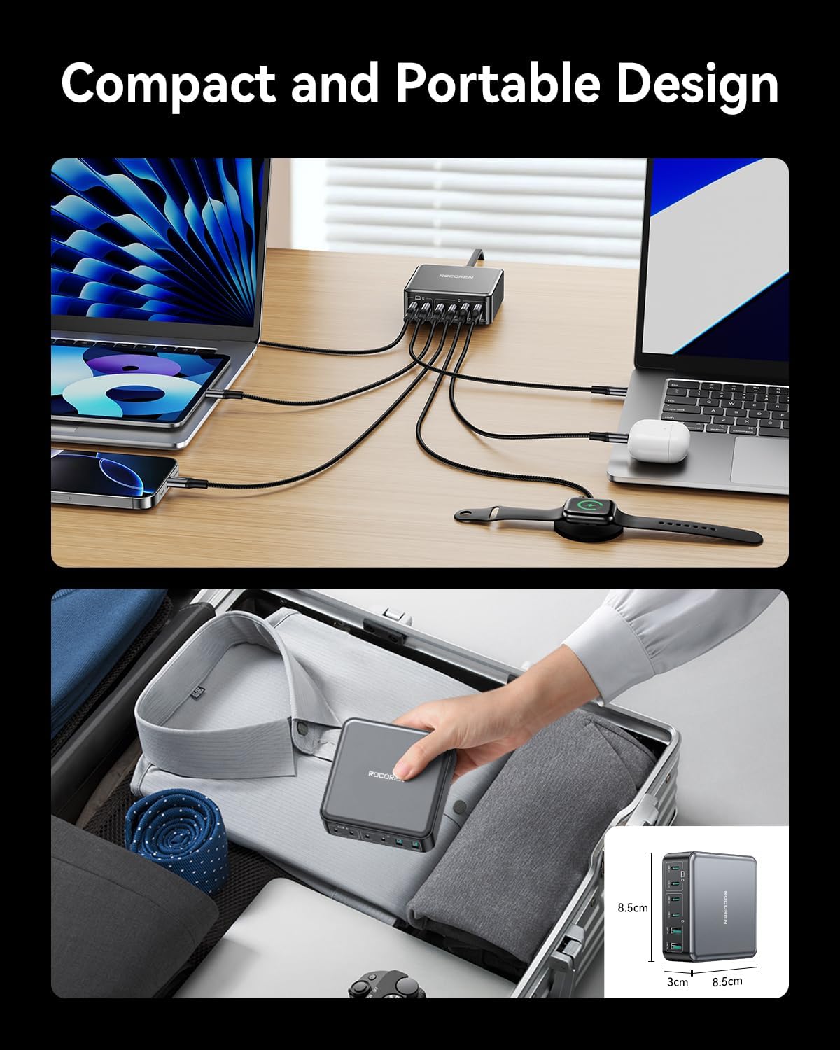 270W USB C Charger Block, Rocoren 6 Port Multi USB-C Charging Station,100W PD Fast USBC Gan Charger Station Hub Dock for Multiple Devices, Laptop Type C for MacBook/iPhone 17/iPad/Galaxy S25