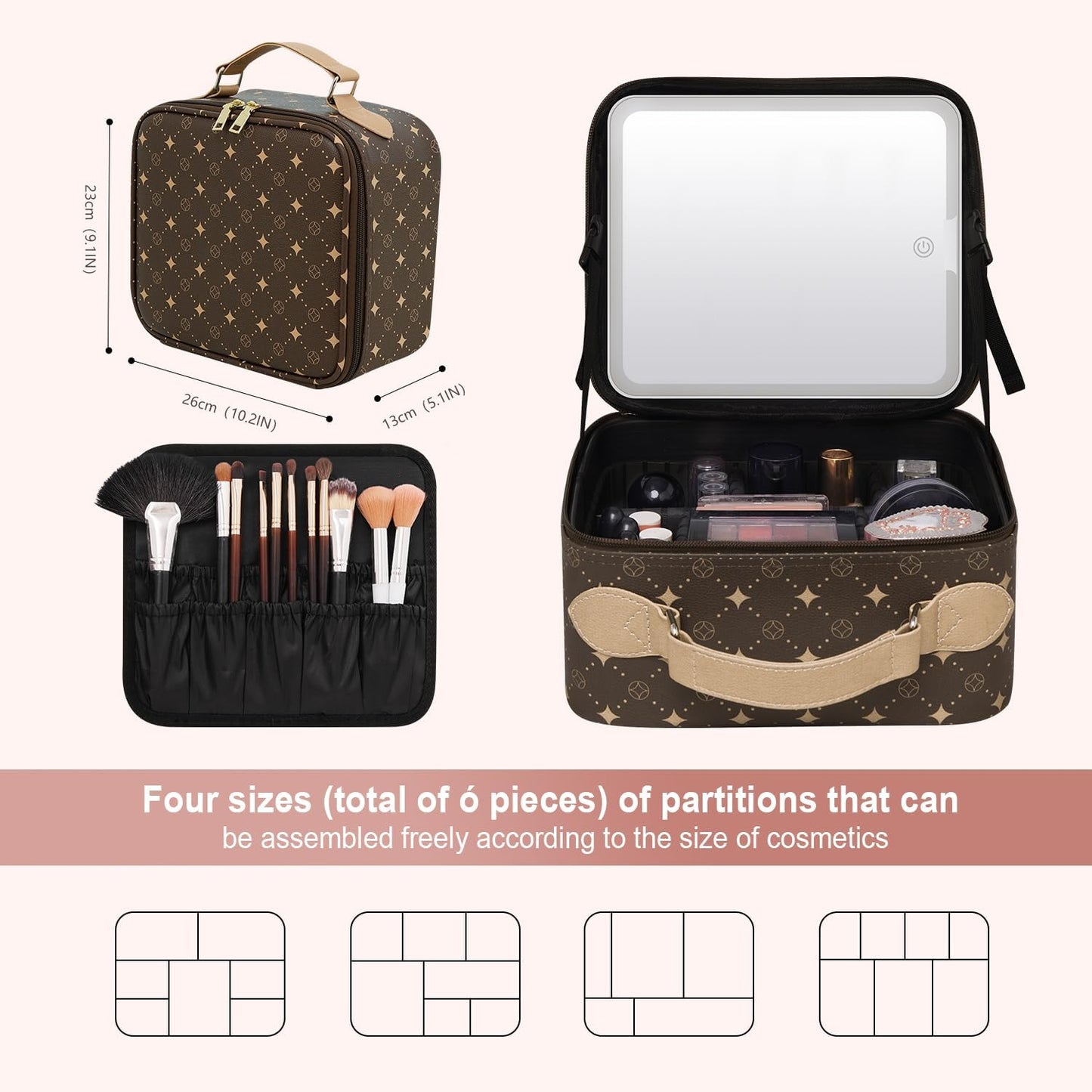 Travel Makeup Bag With 360° rotating LED Mirror,Waterproof cosmetic organizer,Portability Cosmetic case,Makeup organizer,Gift for Women,Girls Gift (Brown)