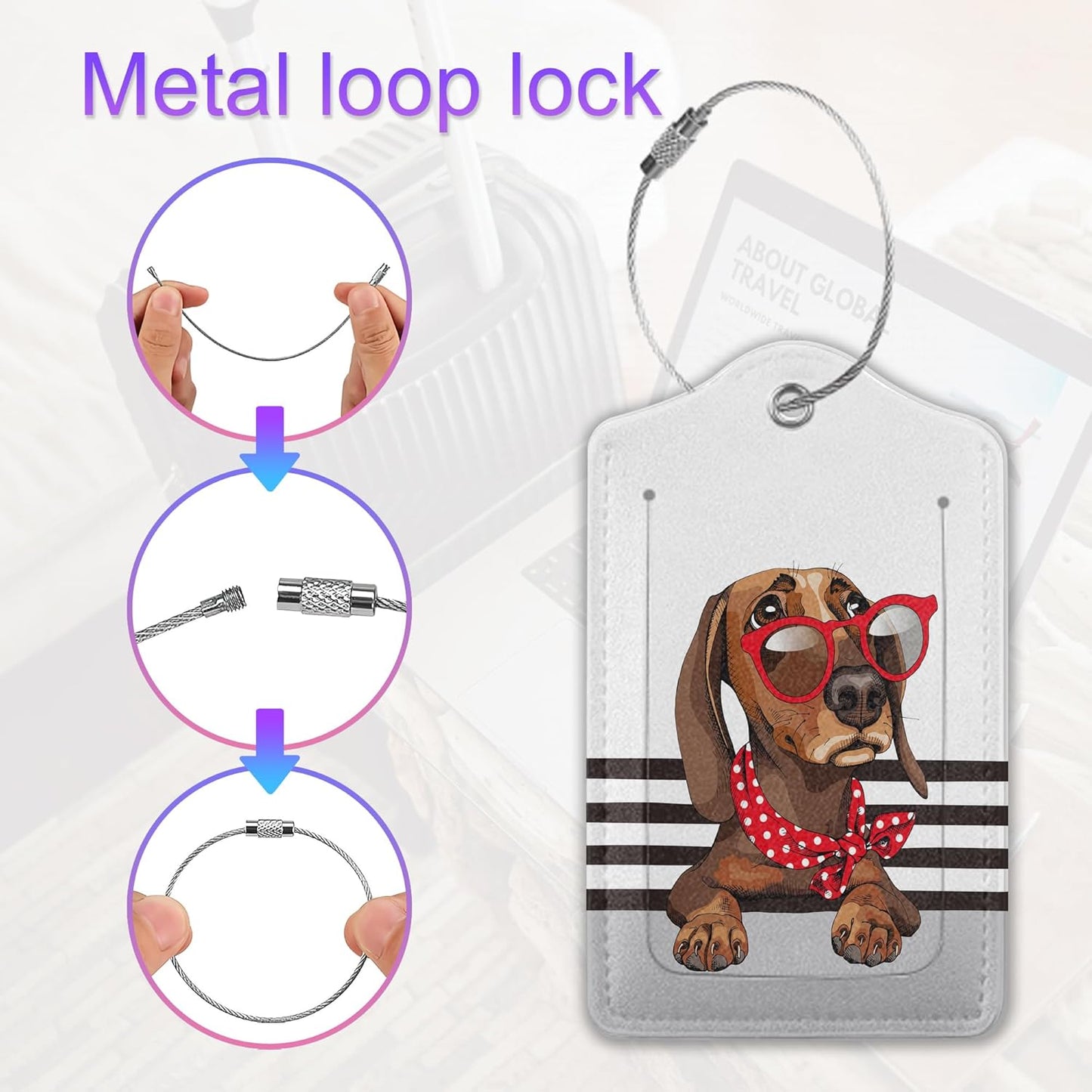 2 Pack Leather Luggage Tag for Suitcase Cool Dachshund Cute Animal Unique Travel Tags with Privacy Cover ID Label & Stainless Steel Loop for Men and Women Baggage