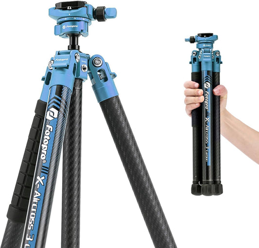 Fotopro Carbon Fiber Tripod 60 Inch 360 Degree Ball Head Quick Release Plate Lightweight Travel Tripod, Max Loads up to 17.6lbs, Blue