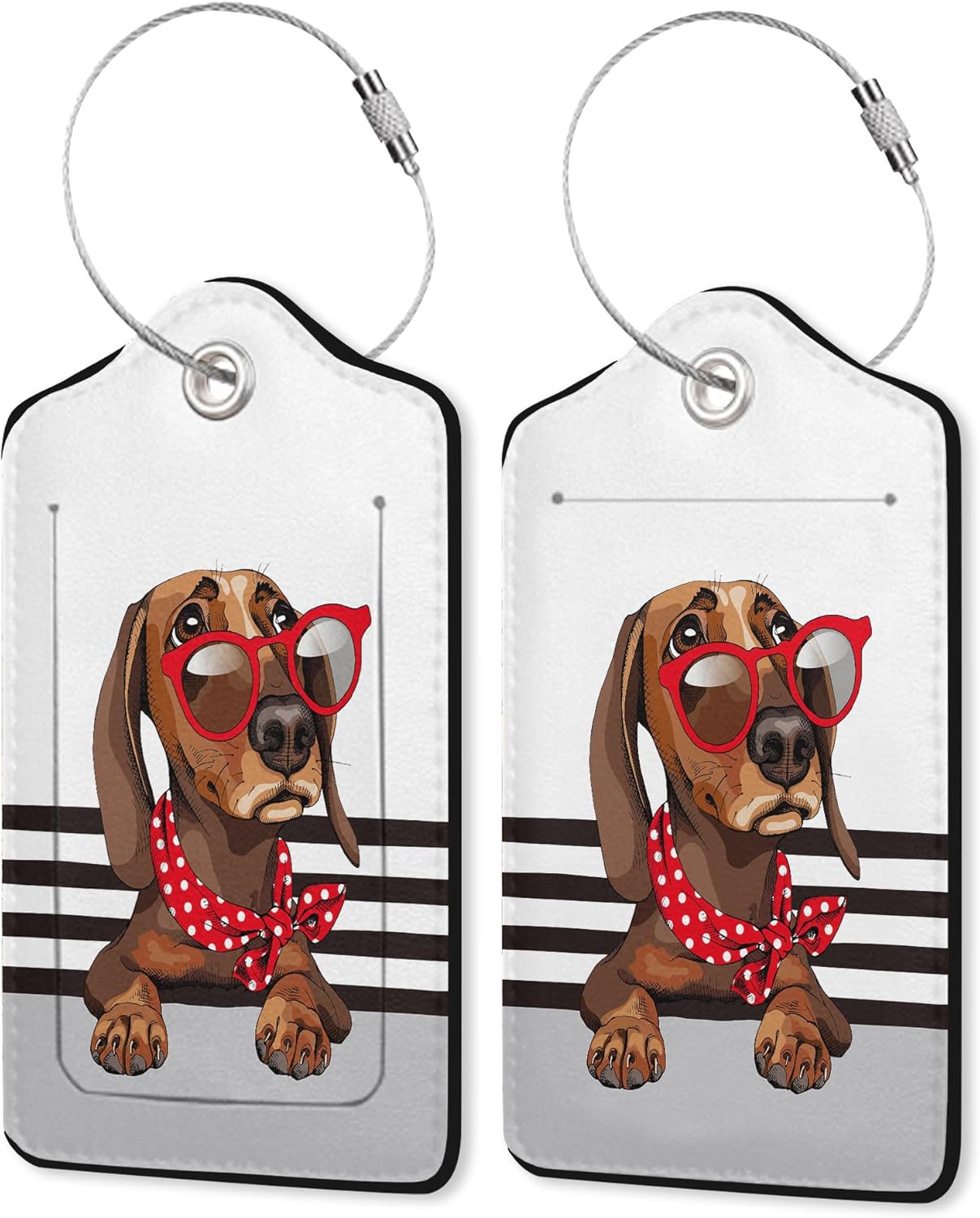 2 Pack Leather Luggage Tag for Suitcase Cool Dachshund Cute Animal Unique Travel Tags with Privacy Cover ID Label & Stainless Steel Loop for Men and Women Baggage