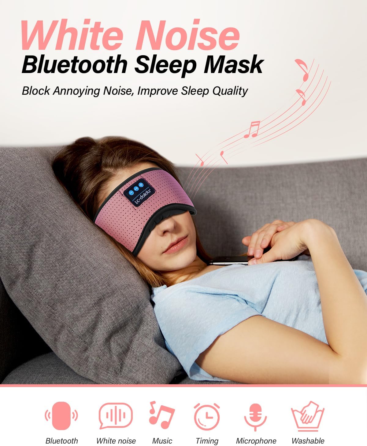 LC-dolida Sleep Headphones, White Noise Bluetooth Sleep Mask 3D Wireless Eye Mask Sleeping with Timing, Sleep Mask with Bluetooth Headphones for Side Sleepers Travel Yoga