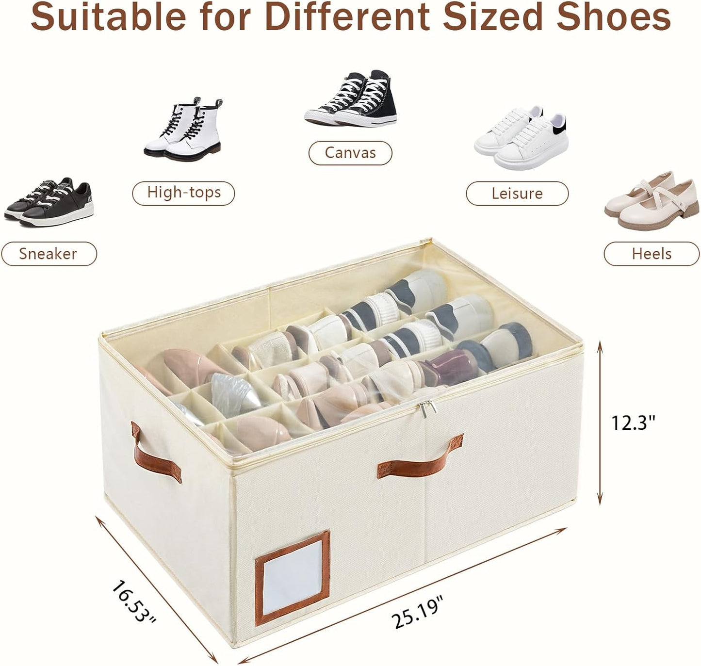 Shoe Organizer for Closet Fit 24 Pairs, Large Foldable Shoe Storage Containers Box Bin w/Adjustable Dividers and Clear Cover, Space Saving Shoe Storage Organizer Box, Beige
