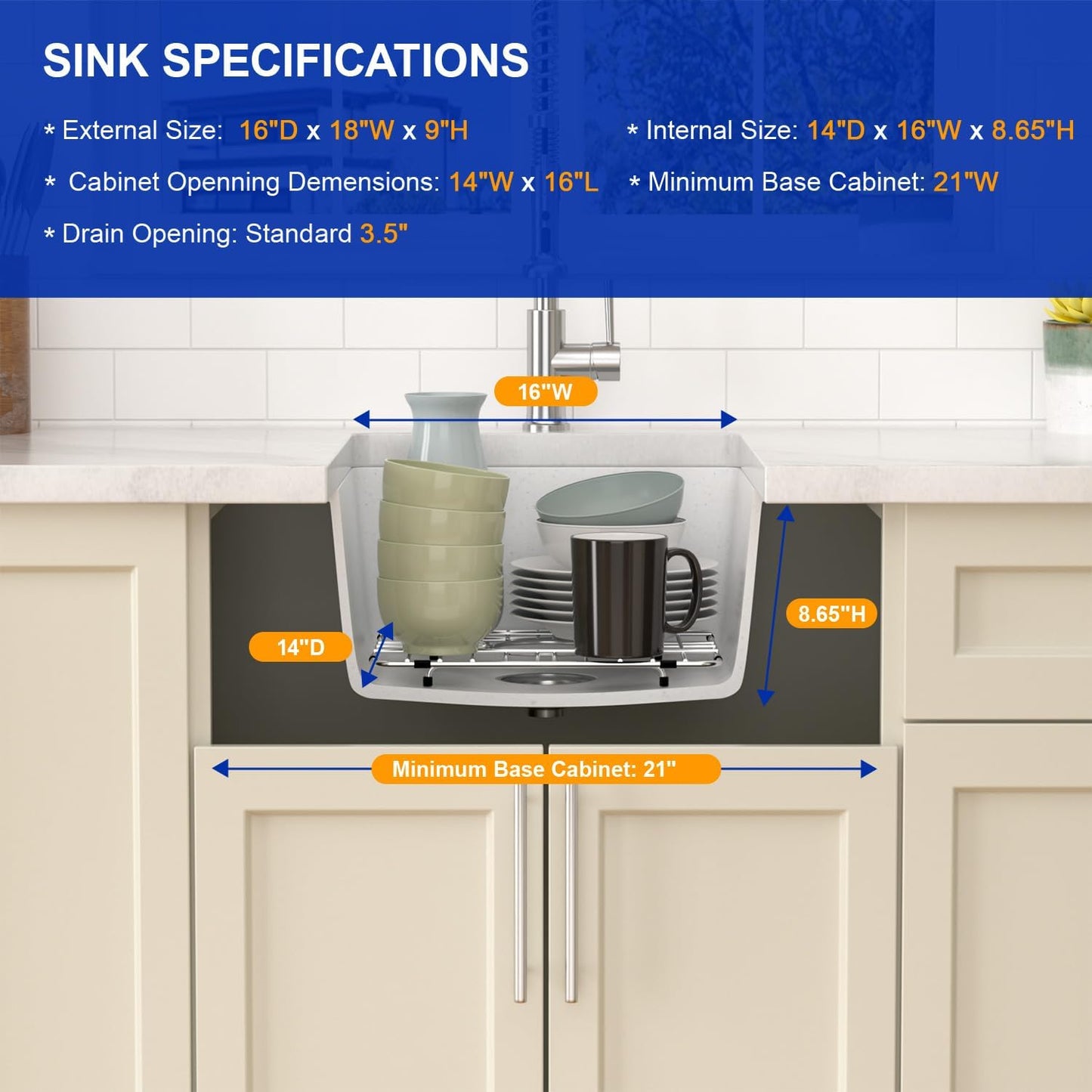 Dcolora 18 Inch Undermount Small Bar Sink Single Bowl Kitchen Sink White Granite Composite Wet Bar Sinks 18"W×16"D×9"H,DC-GUW002