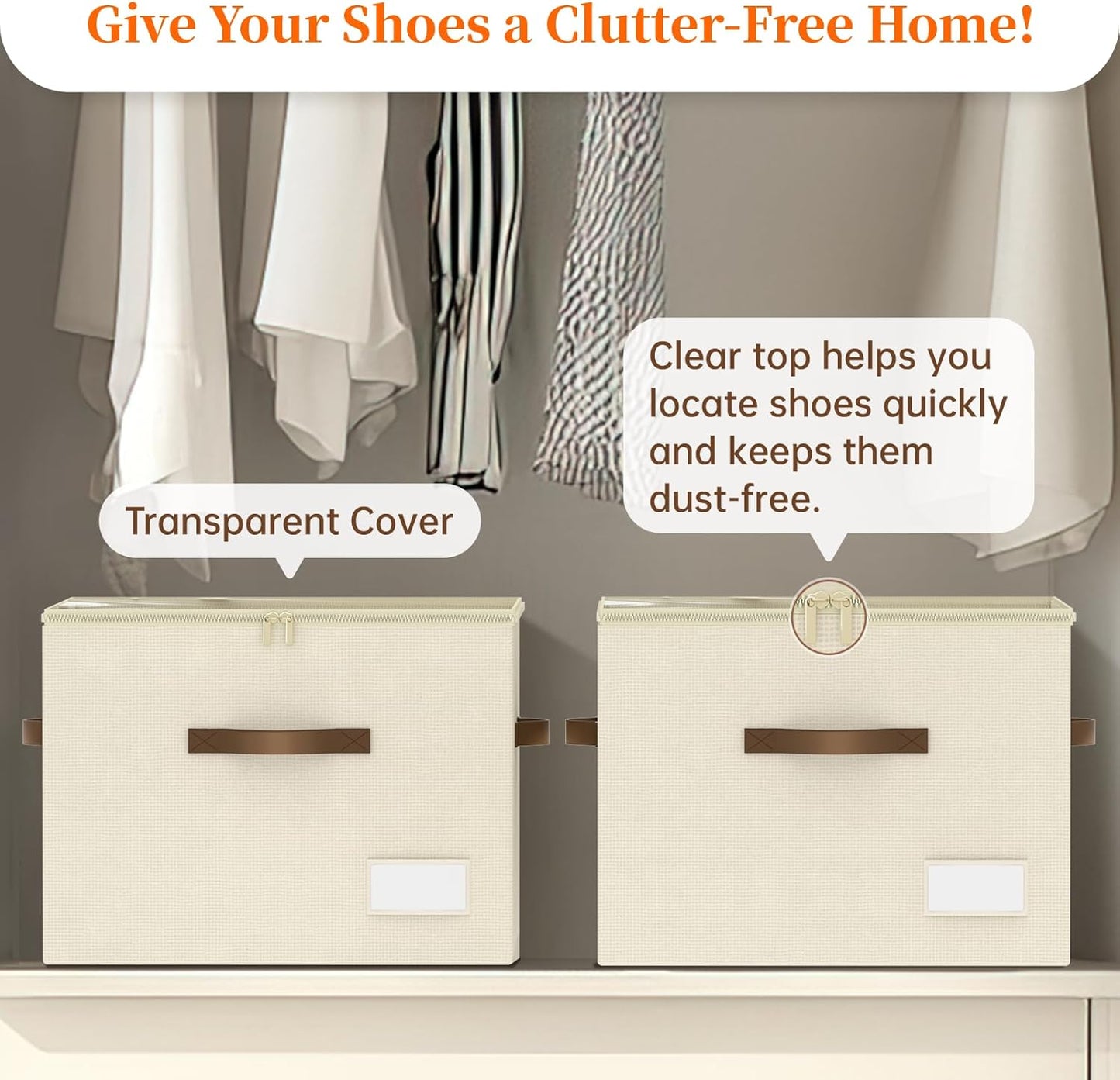 3 Pack Shoe Organizer for Closet, Foldable Shoe Storage Containers, Fits 24-48 Pairs, Shoe Storage Organizer Box Cubby Baskets Bins with Clear Cover and Reinforced Handles, Beige