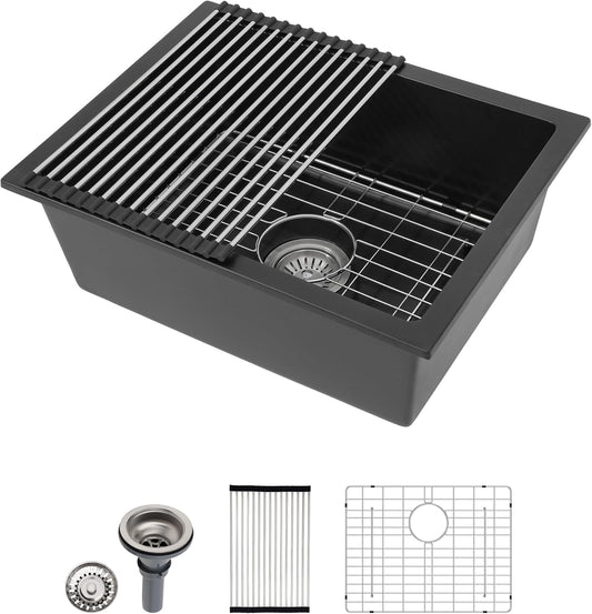 Dcolora 22 Inch Quartz Composite Bar Sink Black Undermount Small Granite Composite Kitchen Sink Prep RV Single Bowl Under Counter, Round Corner, 22"x17", DC-GU7747