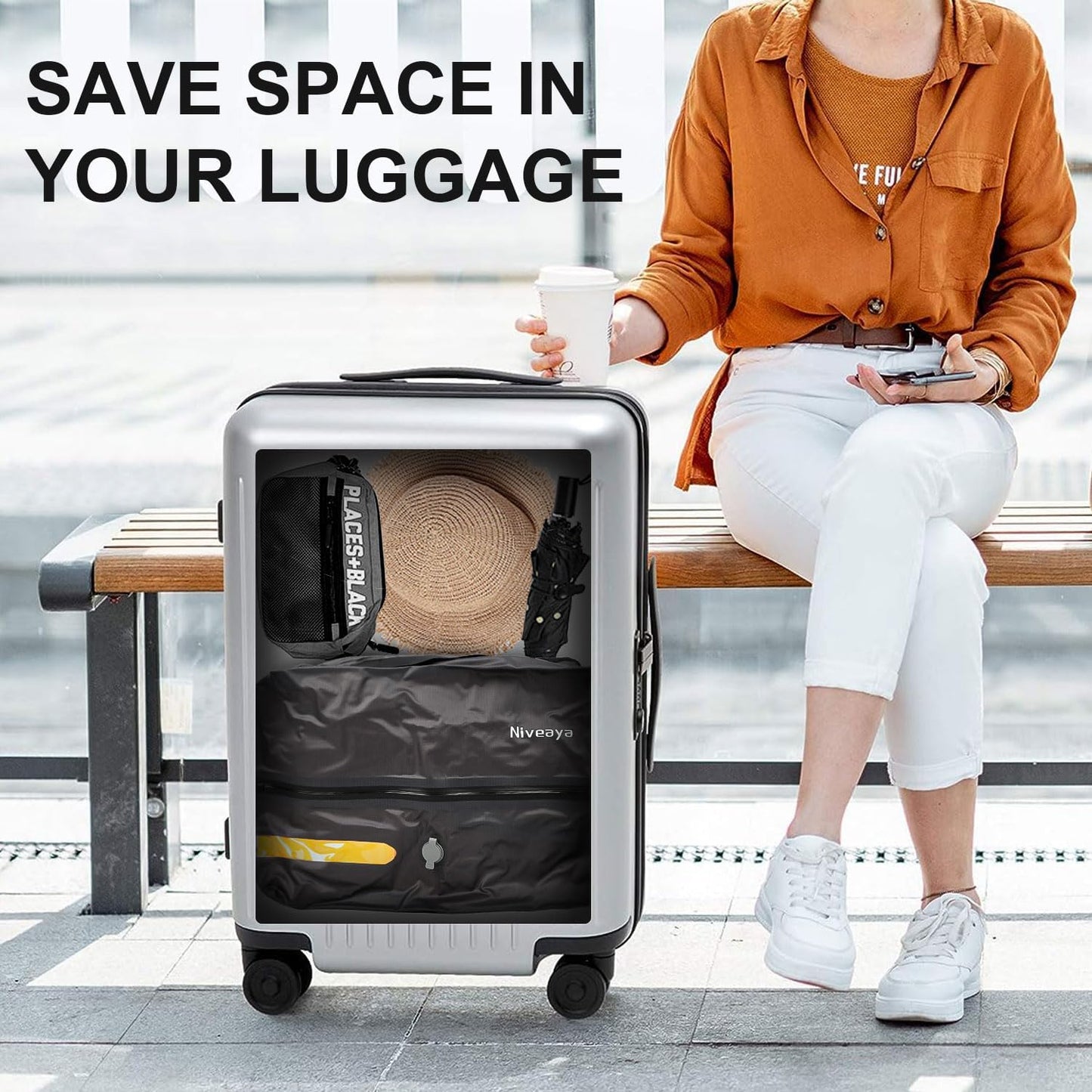 Niveaya Vacuum Bags for Travel with Wireless Pump, Reusable Compression Storage Bags for Suitcases & Closet, Space Saver, Waterproof & Durable