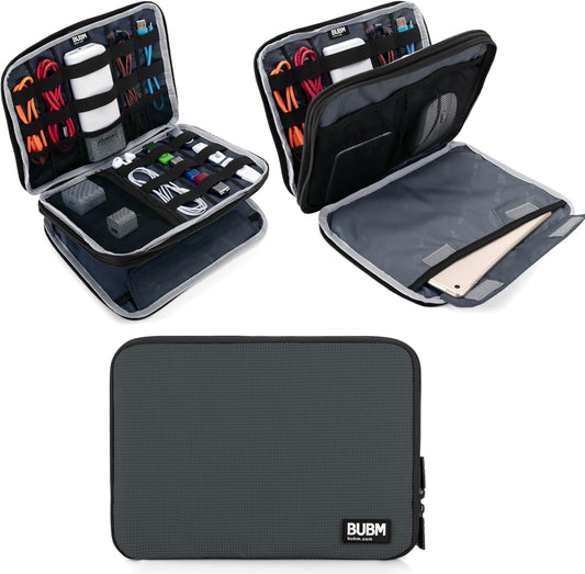 BUBM Double Layer Electronics Organizer, Travel Gadget Bag for Cables, Memory Cards, Flash Hard Drive and More, Fit for iPad or Tablet(up To 9.7")--Large, Gray
