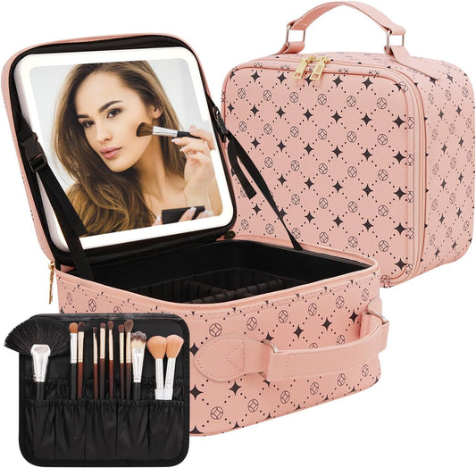 Travel Makeup Bag With 360° rotating LED Mirror,Waterproof cosmetic organizer,Portability Cosmetic case,Makeup organizer,Gift for Women,Girls Gift (Pink)