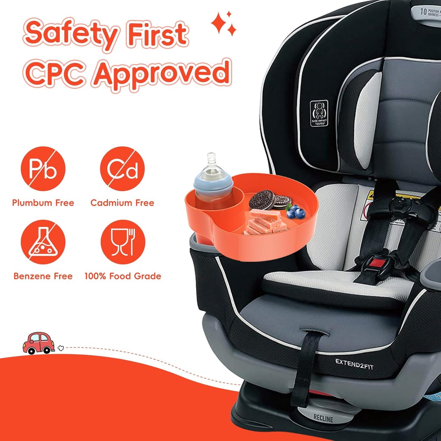 Kids Car Seat Tray, Travel Tray with Cup Holder for Toddler Baby, Kids Car Seat Food Snack Organizer for Road Trip, Stroller snack Organizer Travel Must Haves Toddler Must Haves (Orange)