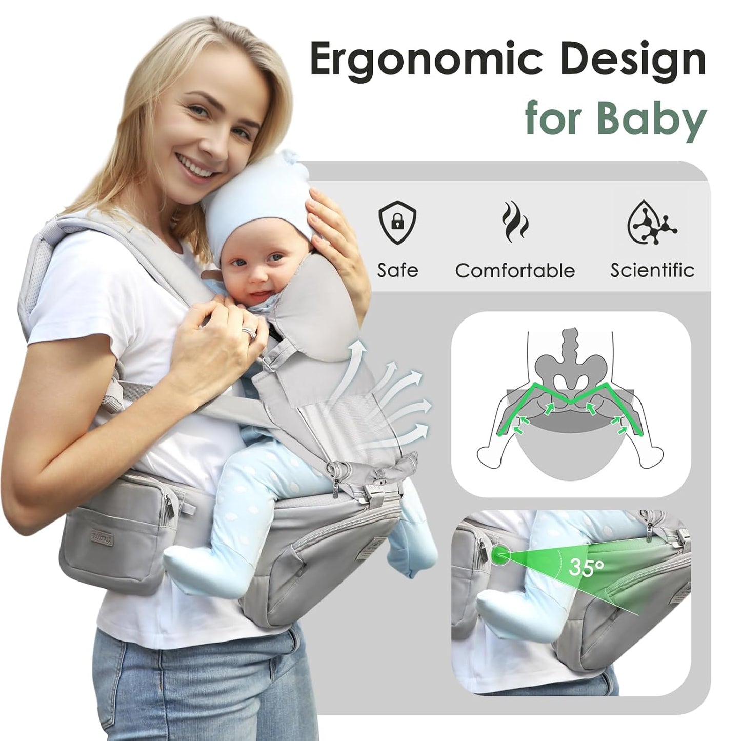 FRUITEAM Baby Carrier Newborn to Toddler- Safety - Certified 6 in 1 Hip Seat Carrier with Head & Lumbar Support, Adjustable & Removable Baby Holder for All Seasons, Great for Travel and Outdoor