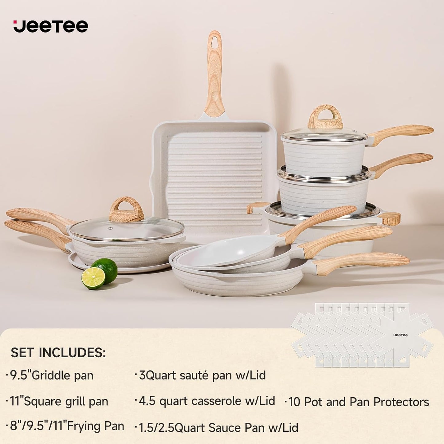 JEETEE 23pcs Pots and Pans Set Non Stick, White Cookware Sets for Kitchen, w/Frying Pans, Saucepans, Sauté & Griddle & Crepe Pan, Induction Cooking Pots (PFOA/PFAS Free)