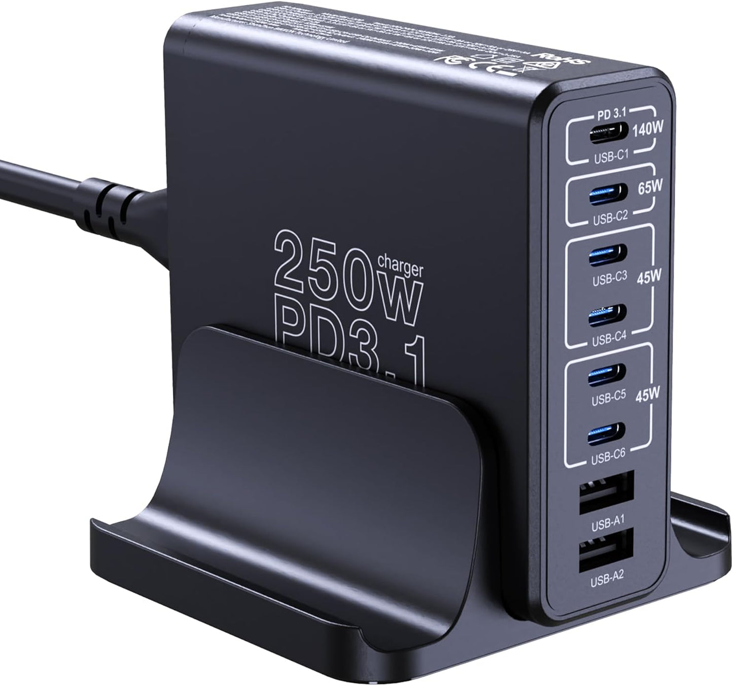 Aftertop 250W USB C Charger, 8-Ports PD3.1 140W Fast Charging Station, Compact Laptop GaN Charger for MacBook, iPad, iPhone 16 15 Pro Max, Galaxy S24/S23 Ultra, Pixel and More