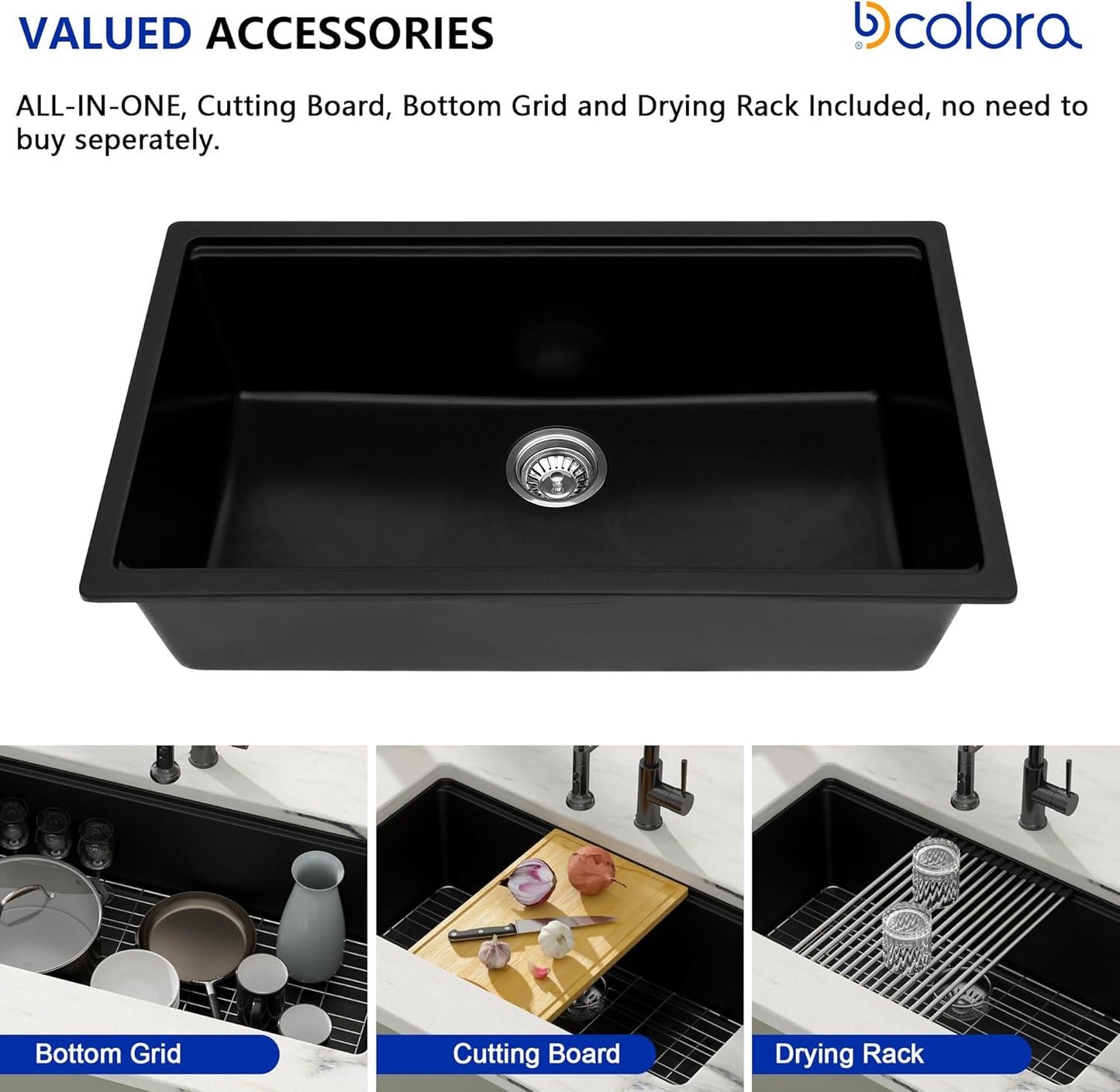 Dcolora 32 inches Granite Composite Kitchen Sink Workstation Black Undermount Single Bowl Large Kitchen Sink 32"W x 19"D x 10"H, DC-GU7741