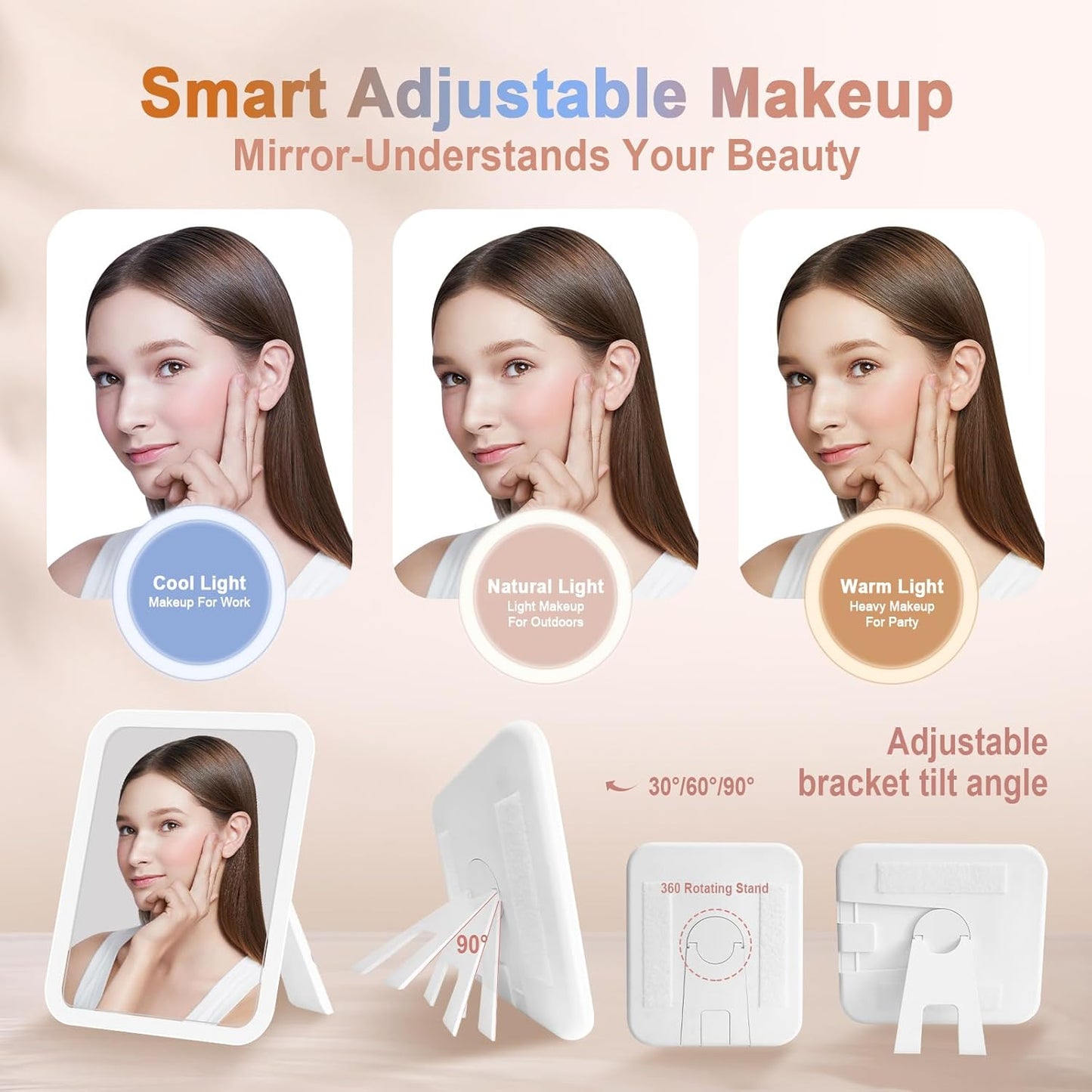 Travel Makeup Bag With 360° rotating LED Mirror,Waterproof cosmetic organizer,Portability Cosmetic case,Makeup organizer,Gift for Women,Girls Gift (Beige + Brown)